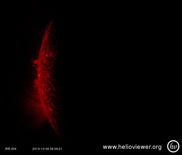 The Sun Almost Completely Eclipsed 2010 10 06 06 06 01.964 AIA AIA 304 1286428710 A Solar Eruption as the Earth Blocks SDOs View of the Sun
