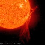 A huge filament eruption views from the side with STEREO EUVI in 304 Angstrom wavelength extreme ultraviolet light.
