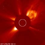 A fast CME associated with an M5 flare from early September 6, 2011. The observation is from the LASCO C2 coronagraph aboard the SOHO spacecraft.
