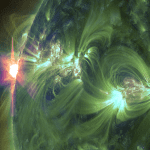 X flare from May 13, 2013. This is a composite image using the Solar Dynamics Observatory (SDO) 131 and 171 angstrom images.