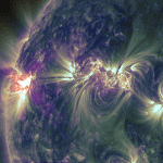 X1.2 Flare from AR11748 with the SDO/AIA 131 and 171. The flare peaked in X-ray at 1:48 UT on May 15, 2013 credit: NASA/SDO/jhelioviewer