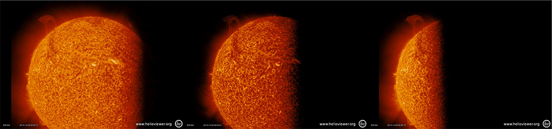 A sequence of 304 Angstrom images of a solar eruption observed by SDO. The 3 images are 1 minute apart. They show the earth creeping in front of the sun.