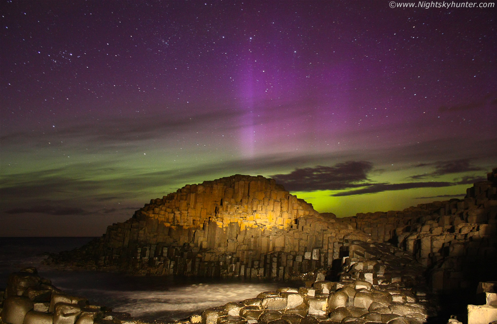 Purple Pillars and Green Auroral Glow over the Giant's Causeway in Northern Ireland captured by Martin McKenna and shared through spaceweather.com