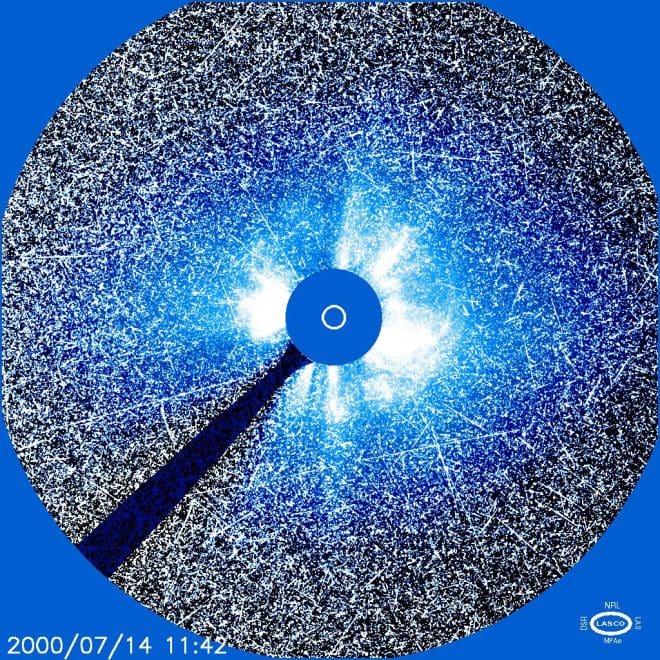 On 14 July 2000, the sun erupted producing an X-class solar flare and a coronal mass ejection (CME). These events also produced a huge blast of ultra-relativistic particles, a particle storm. Such particle storms cause snow on the images as the cameras' electronic detectors are bombarded with high-energy particles.