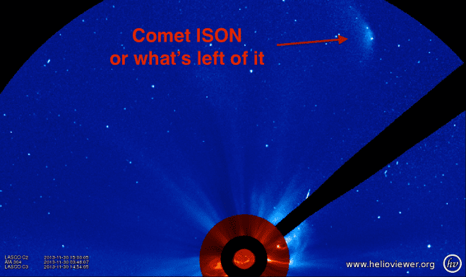 The most recent image of Comet ISON from SOHO/LASCO C3 at of 14:45 UT, 11/30/2013. This is perhaps the final bit of ISON.