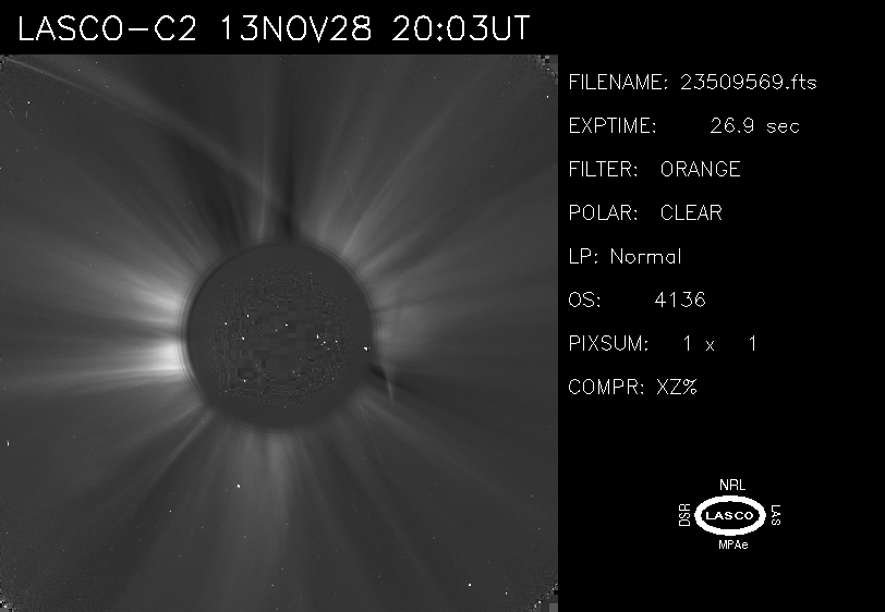 This real-time data from the SOHO/LASCO C2 instrument shows a streak on the right side of the sun, which is due to the leftover debris from Comet ISON's tail.