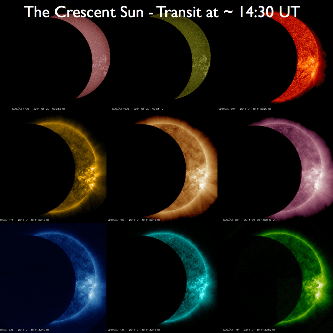 About 1 hour into the lunar transit - shown with all 9 SDO/AIA wavelengths at ~14:30 UT.