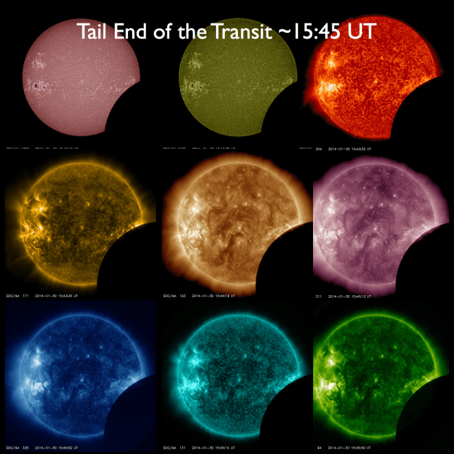 Tail end of the transit ~15:45 UT, roughly 11 minutes left, shown with all 9 SDO/AIA wavelengths.