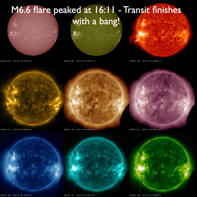 The transit ends with a bang!, an M6.6 flare peaked at 16:11 from AR11967. These images are from just before the flare peak at around 16:00 UT (11:00 EST) again in all 9 SDO/AIA wavelengths.