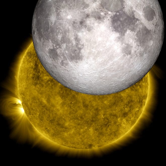 This image is a view of the sun captured by NASA's Solar Dynamics Observatory on Oct. 7, 2010, while partially obscured by the moon. A close look at the crisp horizon of the moon against the sun shows the outline of lunar mountains. A model of the moon from NASA's Lunar Reconnaissance Orbiter has been inserted into the picture, showing how perfectly the moon's true topology fits into the shadow observed by SDO. Credit: NASA/SDO/LRO/GSFC