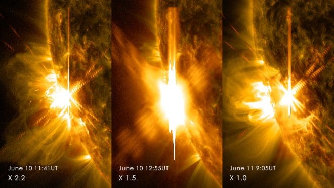 Three X-class flares erupted from the left side of the sun June 10-11, 2014. These images are from NASA's Solar Dynamics Observatory and show light in a blend of two ultraviolet wavelengths: 171 and 131 angstroms. The former is colorized in yellow; the latter, in red. Image Credit: NASA/SDO