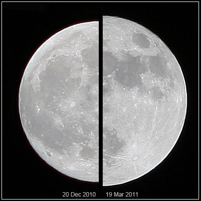 The supermoon of March 19, 2011 (right), compared to a more average moon of December 20, 2010 (left), as viewed from Earth credit: http://en.wikipedia.org/wiki/Supermoon