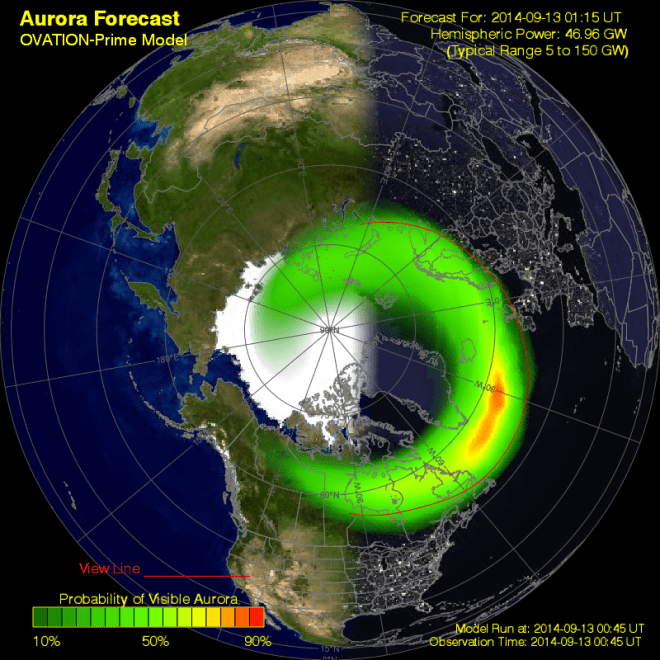 An Ovation Auroral Model map for the Northern Hemisphere.