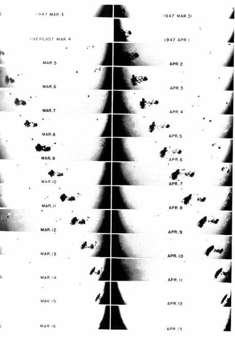 Evolution of the Superspot of 1947. Found at http://www.eaas.co.uk/news/solar_features.html. Original source unknown.