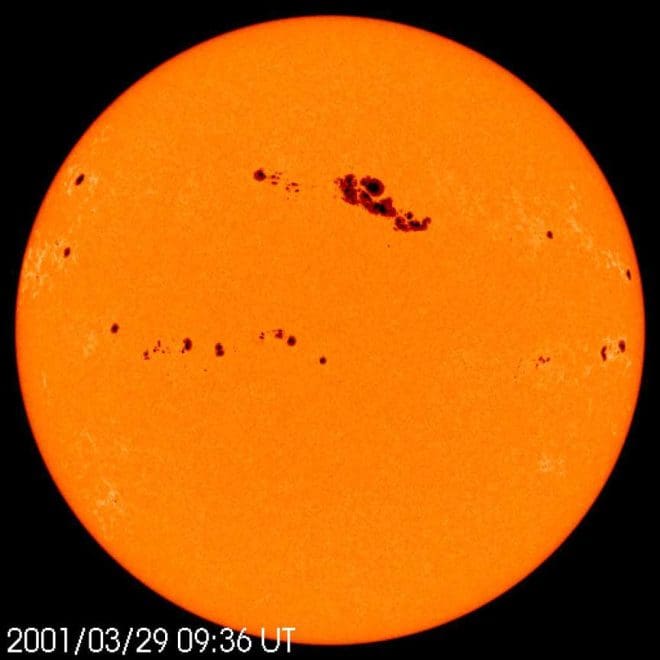 A view of the sunspot covered recorded by the SOHO/MDI instrument from March 29, 2001. Included on the sun is the famous giant spot, AR9393 near the upper middle portion of the solar disk. credit: ESA/NASA/SOHO/GSFC
