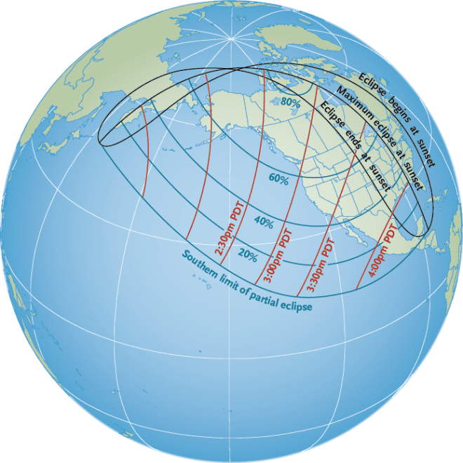 Spectators in western North America will be able to see all stages of the partial solar eclipse on October 23, 2014 (weather permitting). Those living in the east of North America will see the sun set while the eclipse is still in progress. Figure out what time the eclipse will be the deepest at your site by interpolating between the red lines. All times are given in Pacific Daylight Time; add 1 hour to get MDT, 2 hours to get CDT, 3 hours for EDT. The blue lines show what percentage of the Sun's diameter will be covered be covered by the Moon at that time. Click to enlarge image. Credit: S&T/Leah Tiscione