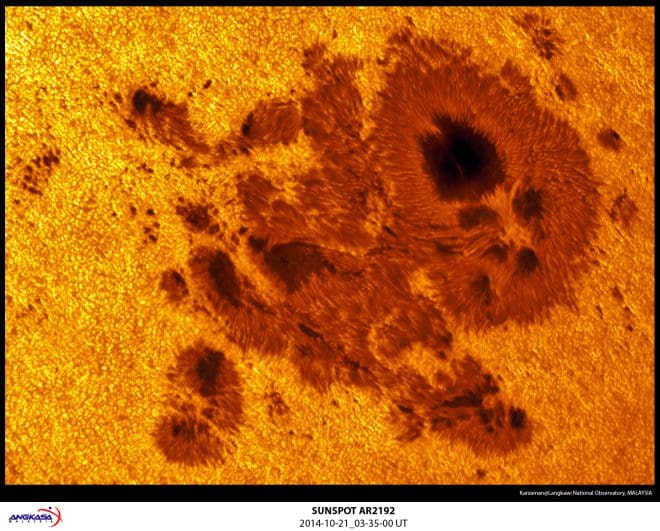 Monster Sunspot AR12192 taken by Karzaman Ahmad on October 21, 2014 from Langkawi Nagtional Observatory, Malaysia credit: Karzaman Ahmad and shared at spaceweather.com