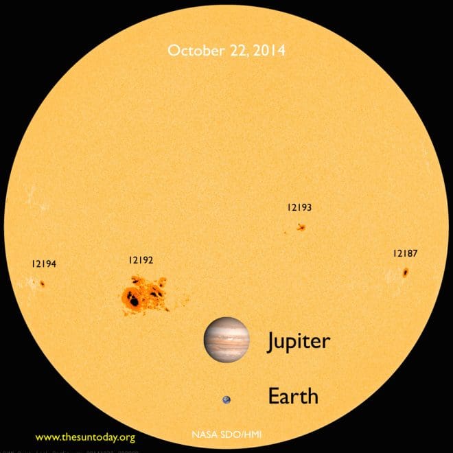 An SDO/HMI view of the visible sun showing the largest sunspot of solar cycle 24, AR12192.