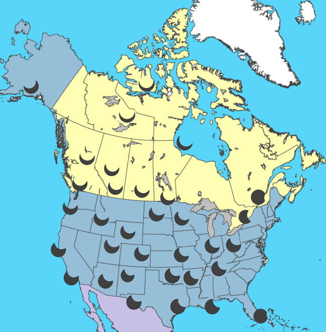 This graphic shows the shape of the eclipse seen in different locations. Credit: Jay Anderson