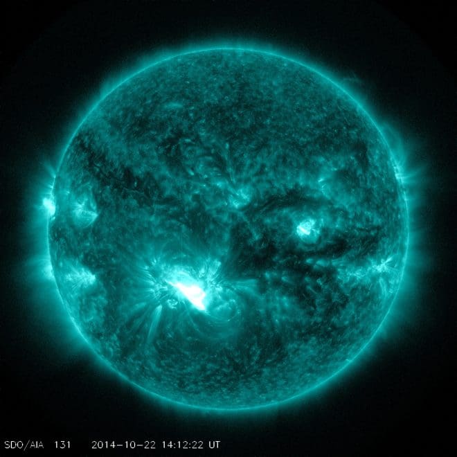 The X-flare from AR12192 not yet at its peak in the SDO/AIA 131 extreme ultraviolet wavelength channel. credit: NASA/SDO