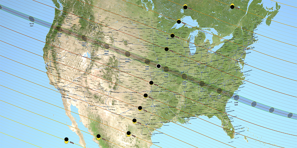 Map of the United States during the total solar eclipse of August 21, 2017