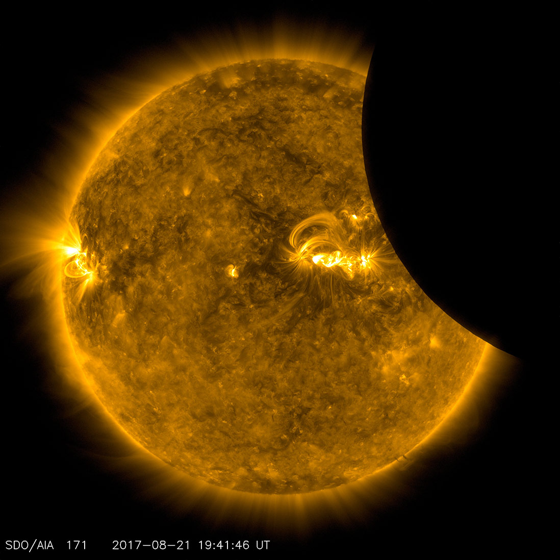 Image of the Moon transiting across the Sun, taken by SDO in 171 ångstrom extreme ultraviolet light on August 21, 2017. Credit: NASA/SDO