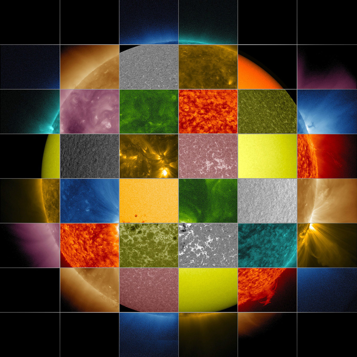 This collage of solar images from NASA's Solar Dynamics Observatory (SDO) shows how observations of the sun in different wavelengths helps highlight different aspects of the sun's surface and atmosphere. Credits: NASA/SDO/Goddard Space Flight Center