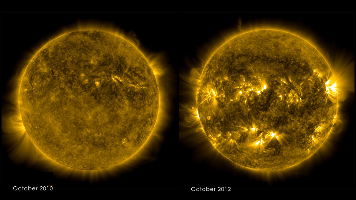 The sun was calm in fall 2010 (left), but had cycled toward solar maximum and a more active and varied solar atmosphere by fall 2012 (right).