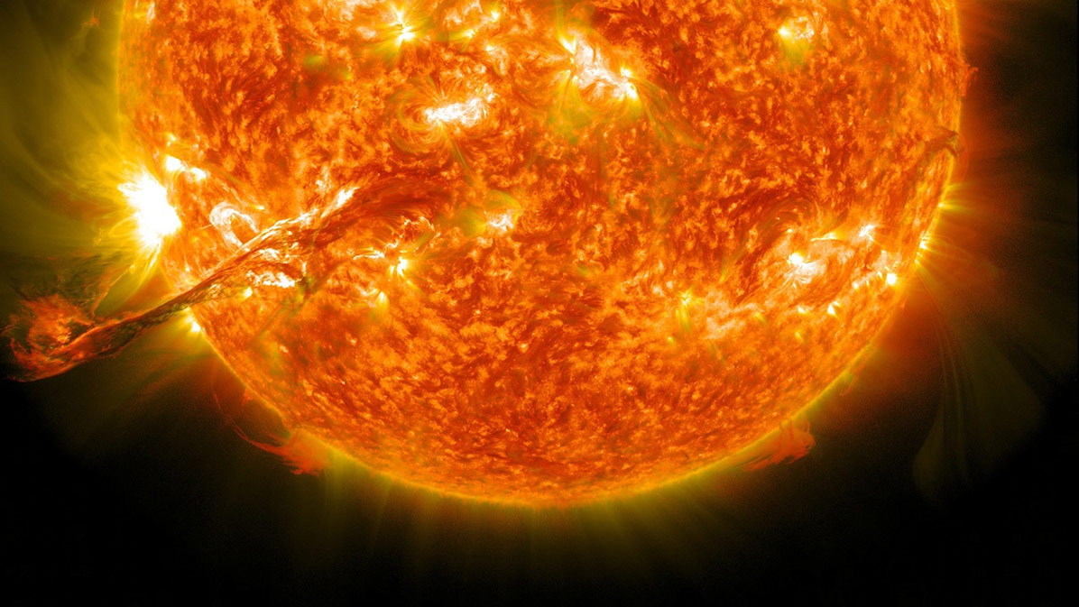 Two wavelengths were blended in one image to create this SDO view of a large solar eruption in Aug. 2012.