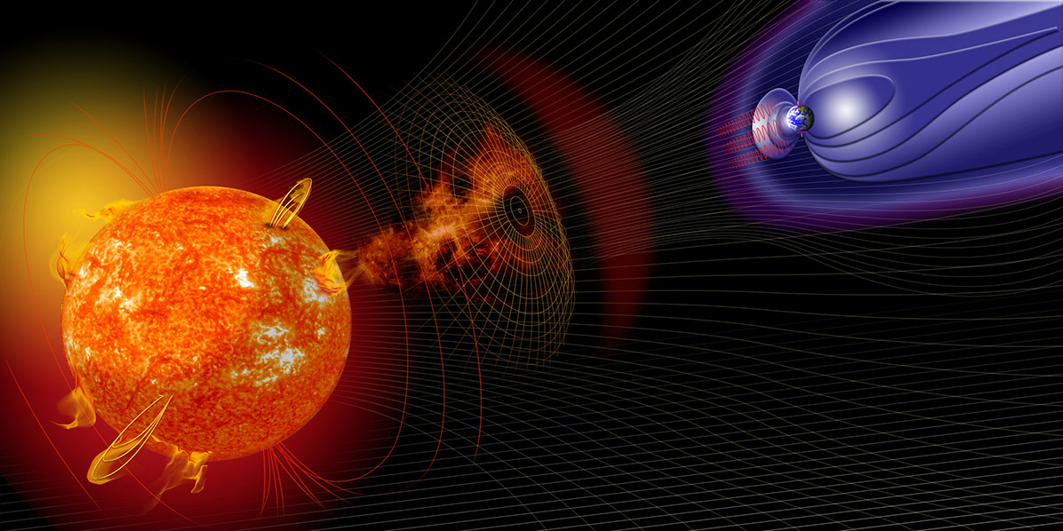 An artist's concept of a solar eruptions heading towards Earth and its magnetic field.