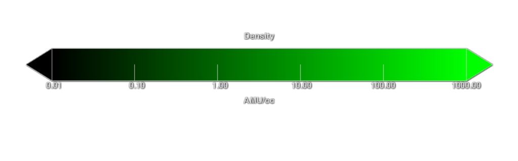 Color bar representing changes in plasma density, in atomic mass units (AMU) per cubic centimeter. This is roughly equal to the number of hydrogen ions per cubic centimeter.