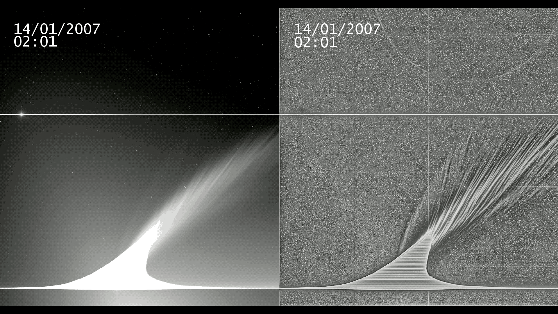 Spacecraft observations of the comet McNaught from the SOHO and STEREO missions. CREDIT: NASA's Goddard Space Flight Center