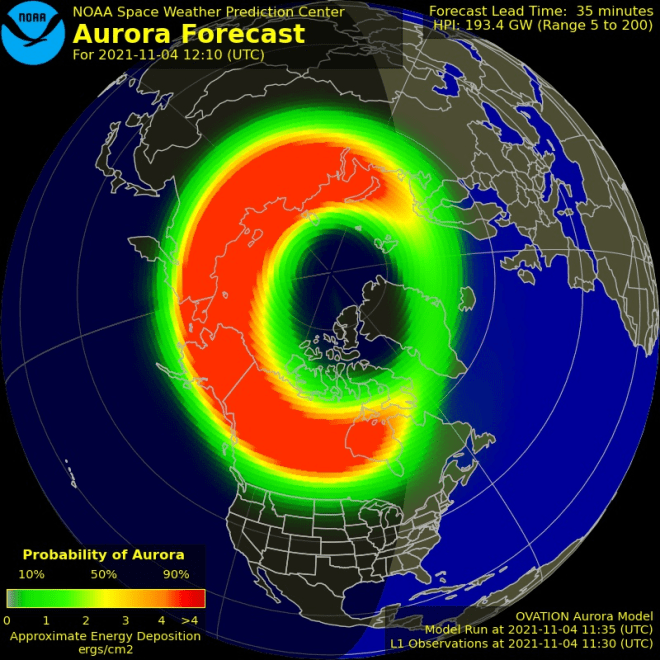 The is the 30-90 minute aurora forecast from the NOAA Ovation Aurora Model for November 4, 2021, at 11:35 UTC. CREDIT: NOAA
