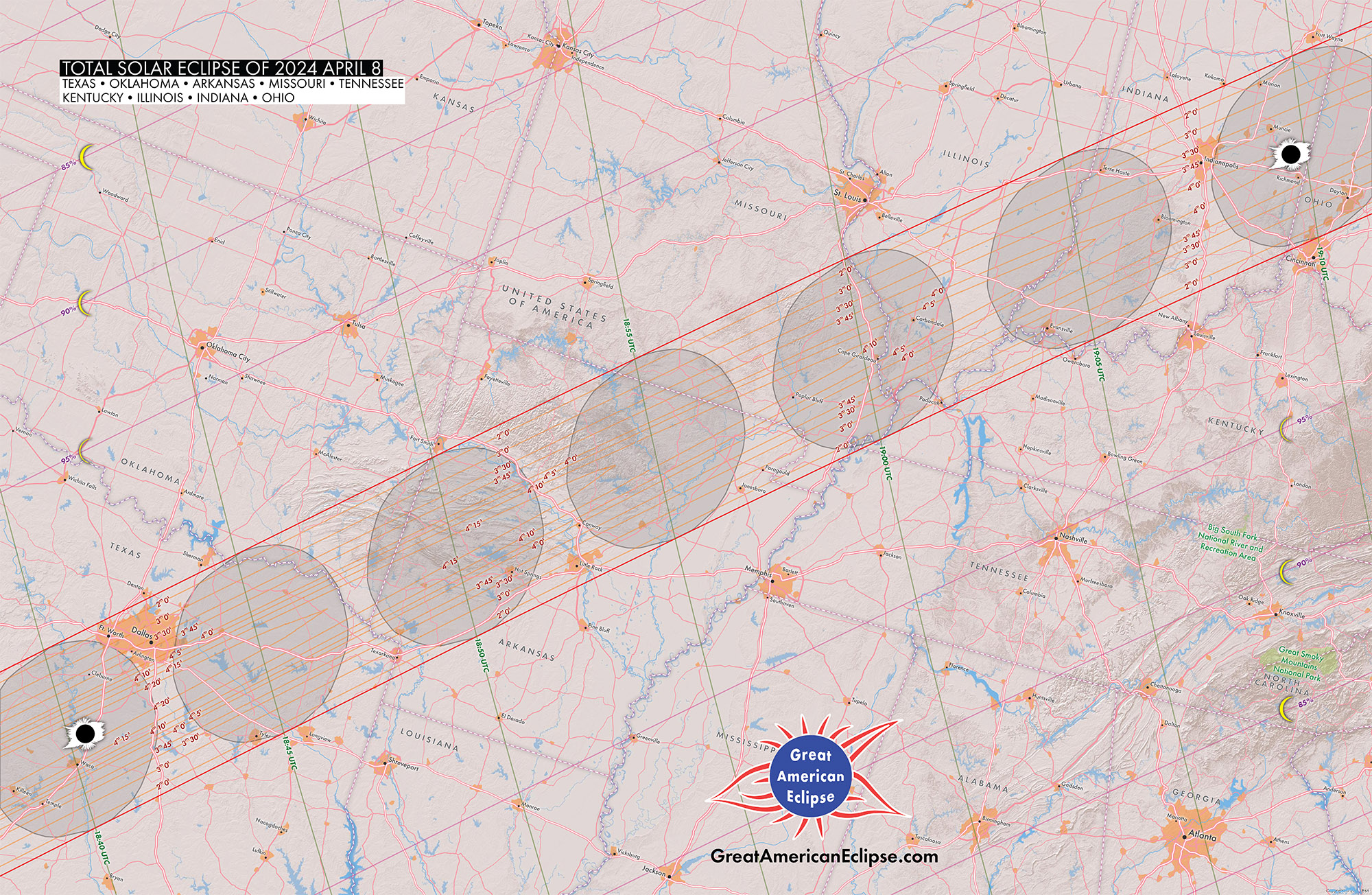 CREDIT: GreatAmericanEclipse.com - Detailed path of the April 8, 2024 total solar eclipse over the central states of the US