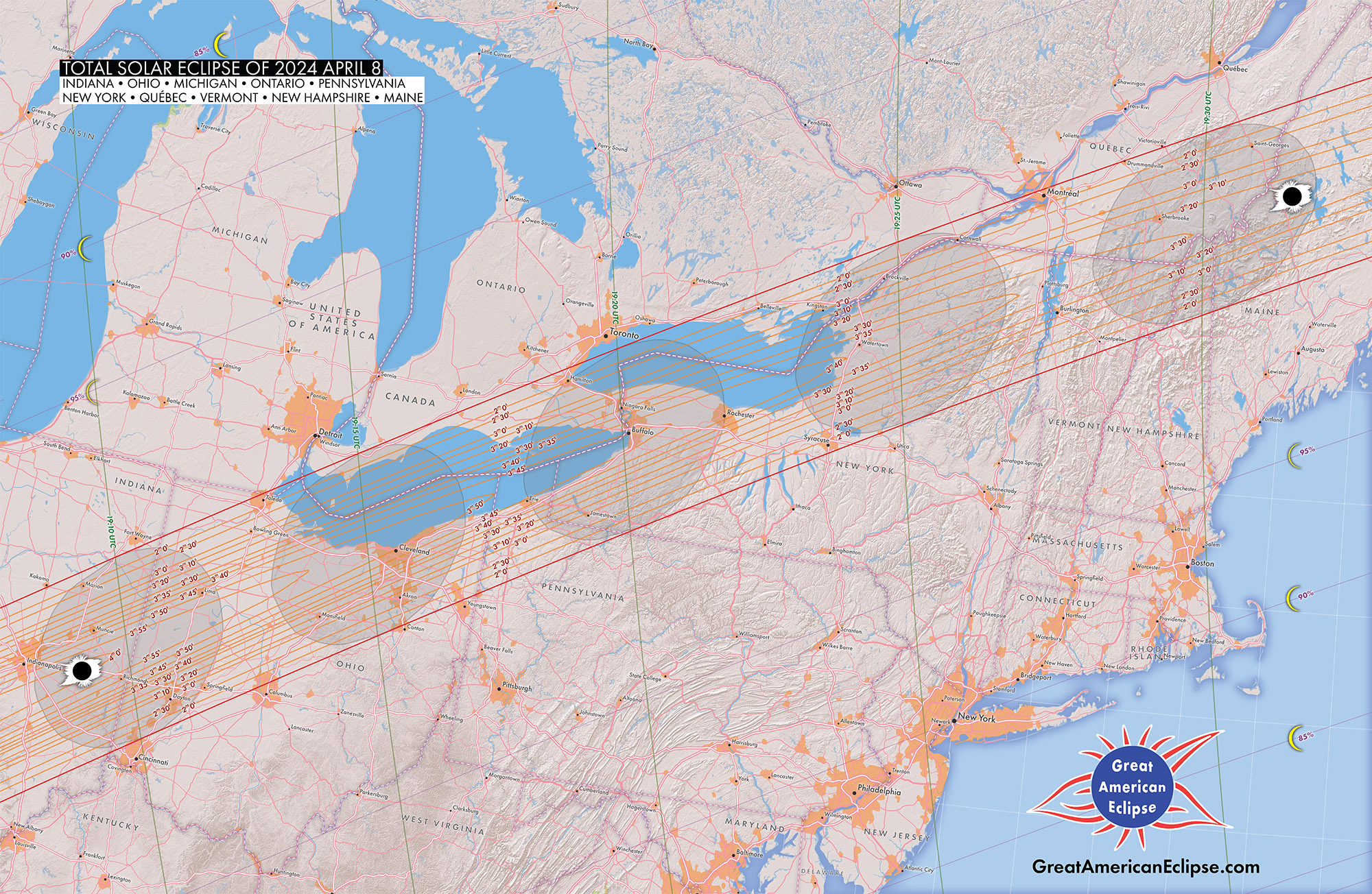 CREDIT: GreatAmericanEclipse.com - Detailed path of the April 8, 2024 total solar eclipse over the eastern states of the US