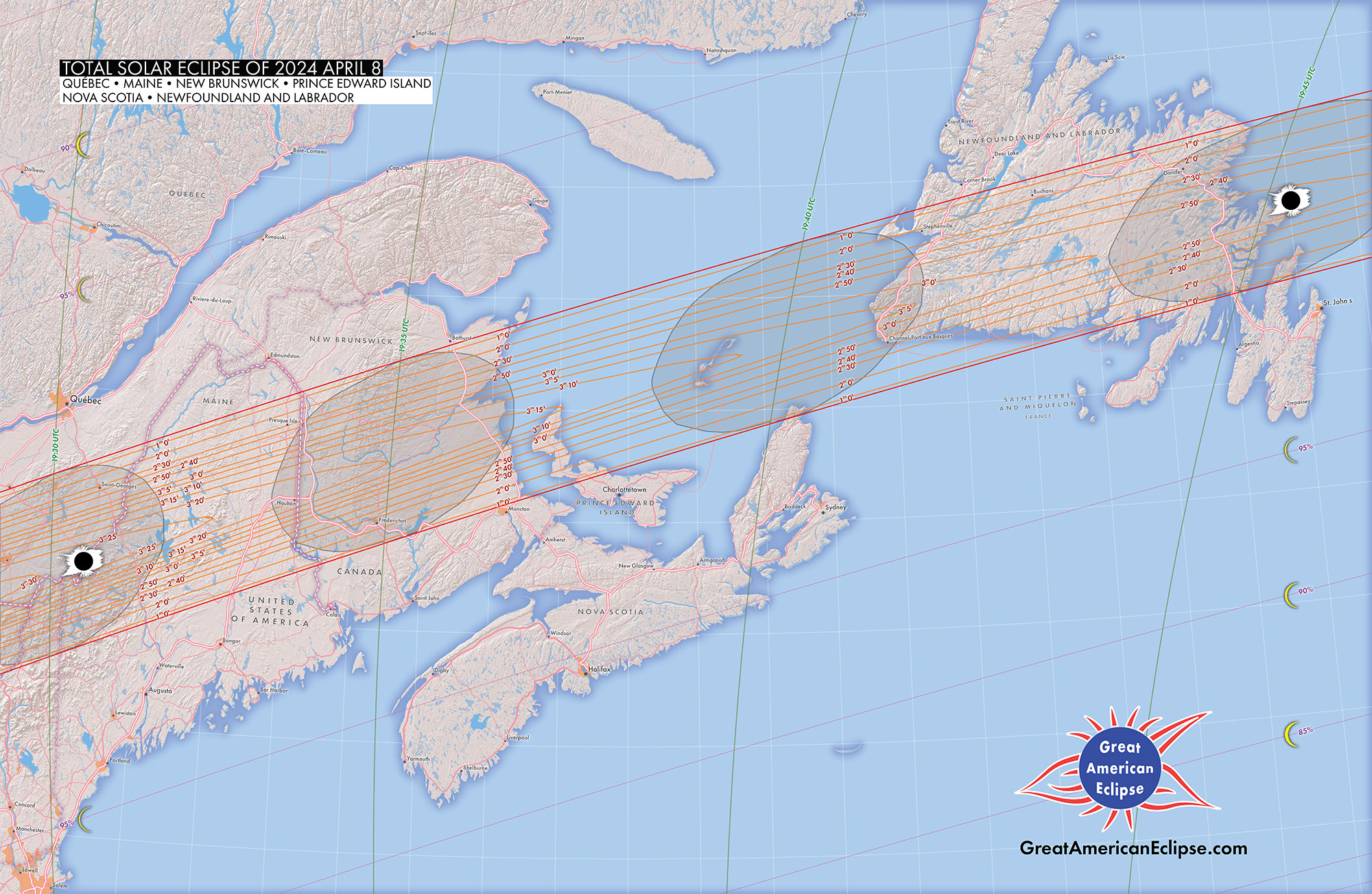 CREDIT: GreatAmericanEclipse.com - Detailed path of the April 8, 2024 total solar eclipse over Maine and Canadian Maritime Provinces
