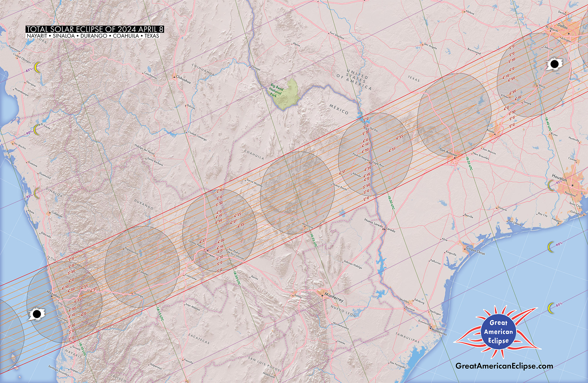 CREDIT: GreatAmericanEclipse.com - Detailed path of the April 8, 2024 total solar eclipse over Mexico and Texas.