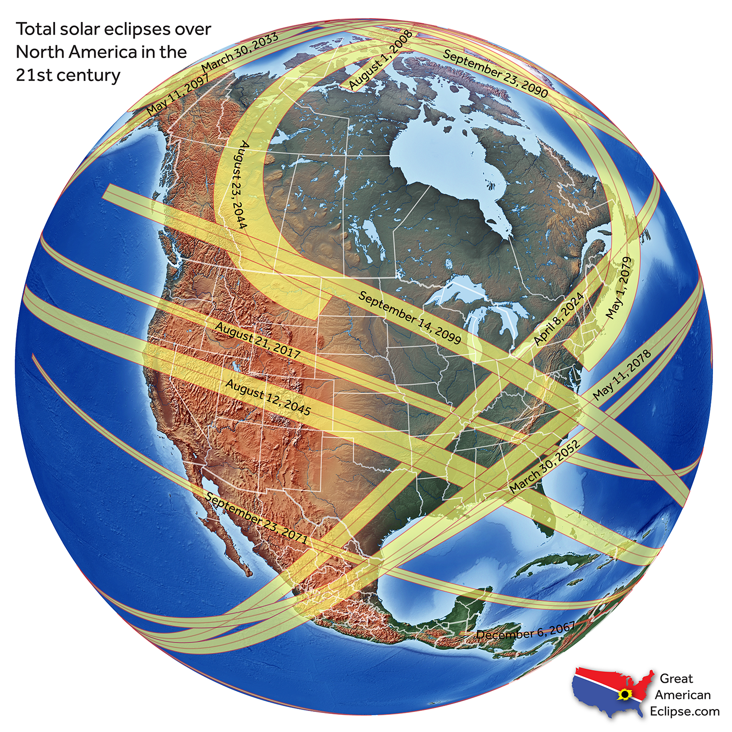 CREDIT: www.greatamericaneclipse.com - All the total solar eclipses across North America during the 21st century.