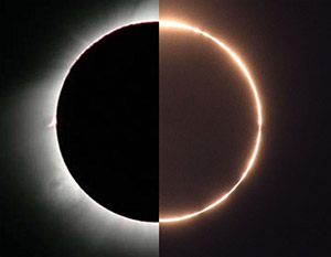 Hybrid solar eclipse - Image Credit & Copyright: Left: Fred Espenak – Right: Stephan Heinsius