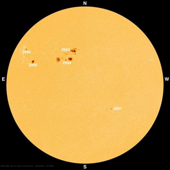 April 21, 2022 major sunspots have been numbered. Image via SDO