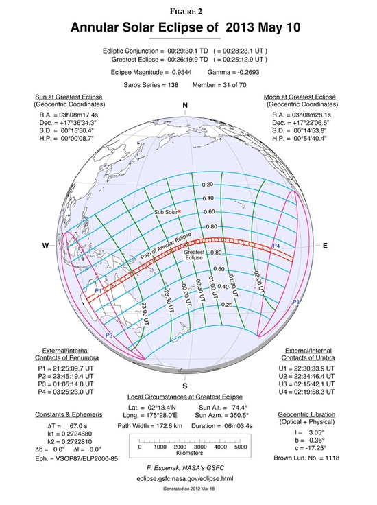 A figure of the May 10, 2013 eclipse predictions from Fred Espenak of NASA GSFC