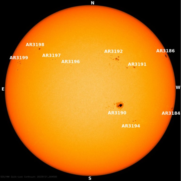 Sunspots - Courtesy of NASA/SDO and the AIA, EVE, and HMI science teams, with labeling by EarthSky.