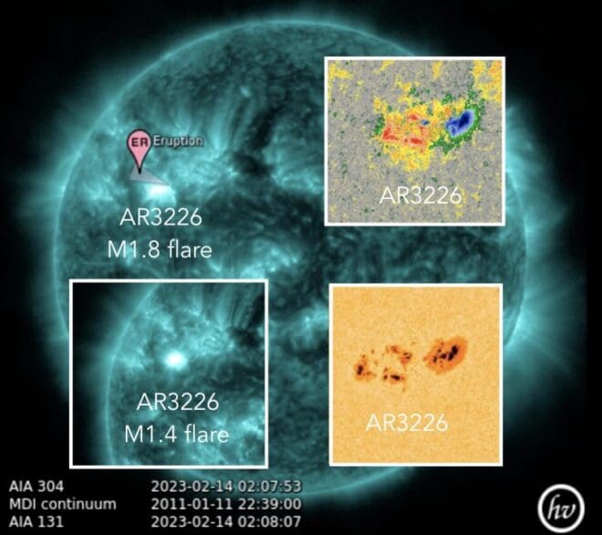 February 14, 2023: Image of the sun with 3 close-ups showing an active region.
