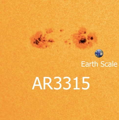 May 25, 2023. Sunspot region AR3315 has attracted attention due to its outstandingly fast growth. Should this growth rate continue, it may bring interesting instability and could be the next major flare producer. HMI Intensitygram, colored. Image via SDO.