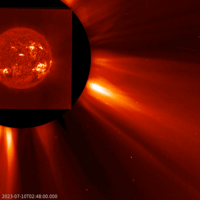 Sun activity for July 10, 2023. An animated sequence with SUVI 304 images in the top left and SOHO LASCO C2 in the bottom right. They show the filament eruption associated with the M flare and the resulting CME. Image via NOAA, SOHO, and jhelioviewer