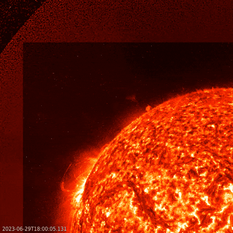 Sun activity for June 29-30, 2023. A giant prominence from the back side of the northeast limb (edge) of the sun. The event was captured in SUVI and SDO 304 angstroms. Image via NOAA/ SDO/ and jhelioviewer.