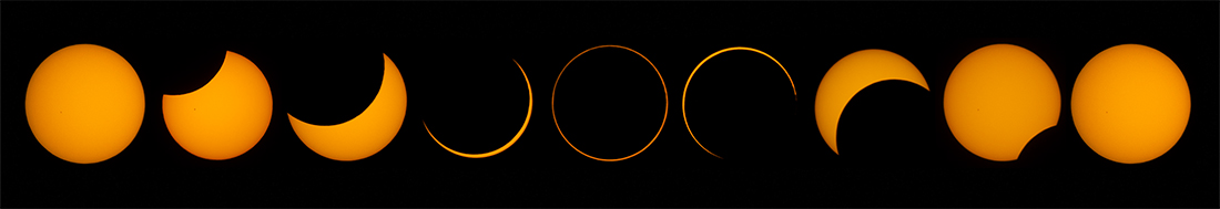 The annular solar eclipse of February 26, 2017, photographed from Patagonia, South America. The sequence goes from left to right, with the Moon moving from upper left to lower right. For this eclipse the Moon covered about 98% of the Sun's bright face, leaving only a very thin "ring of fire" still shining. During the October 14, 2023, annular eclipse the ring will be fatter, as the Moon will cover only about 90% of the Sun. Courtesy Jay M. Pasachoff and Christian Lockwood.