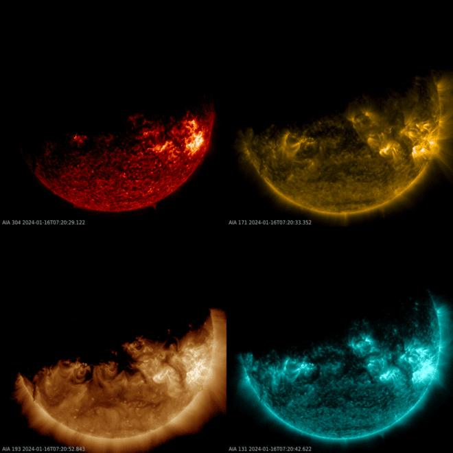 SDO’s twice-yearly eclipse season began today. Here’s a 4-panel view of the sun, as it got partially blocked by Earth – from SDO’s perspective – for about 20 minutes. This SDO eclipse season will last through February 10. Image via SDO and jhelioviewer