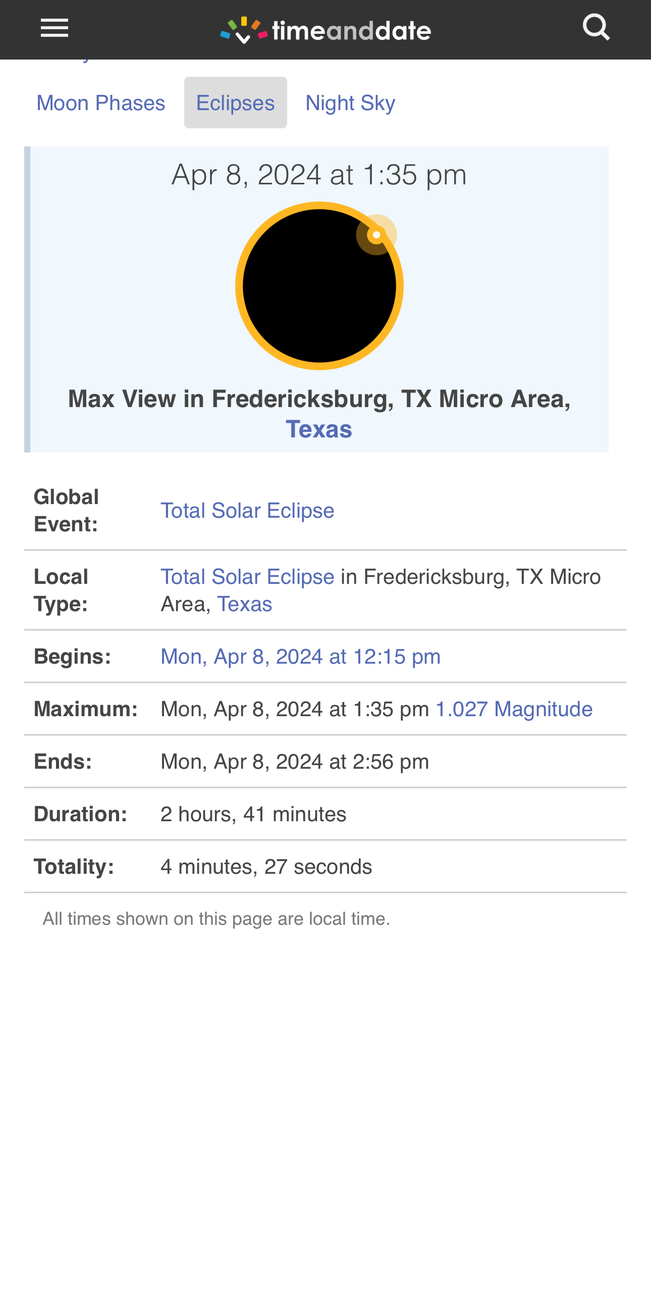 timeanddate - Fredericksburg, TX Time Sequence