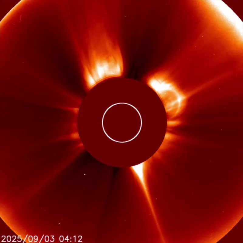 September 3, 2025. LASCO C2 registered the filament eruption on the northwest at around 4 UTC on September 3. Image via NOAA.